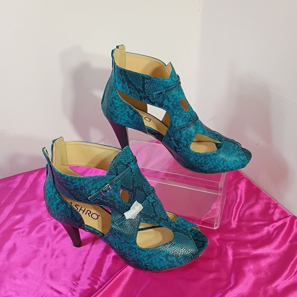 Ashro Teal Snake Print Women's Heels
